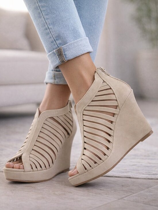 TOP Moda Shoes - Top Moda Women's Birdcage Gladiator Wedge Sandals | Nude Beige Platform Heels